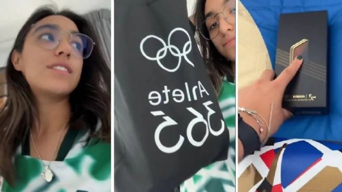 La arquera Ana Paula Vázquez muestra el kit de bienvenida para los atletas en la Villa Olímpica