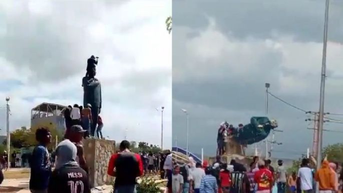 Manifestantes derriban varias estatuas de Hugo Chávez en Venezuela
