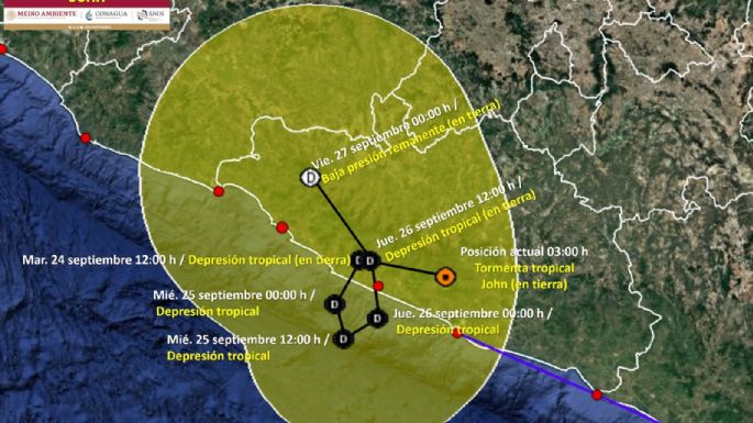 John se degradó a tormenta tropical; se ubicó a 45 kilómetros de Acapulco