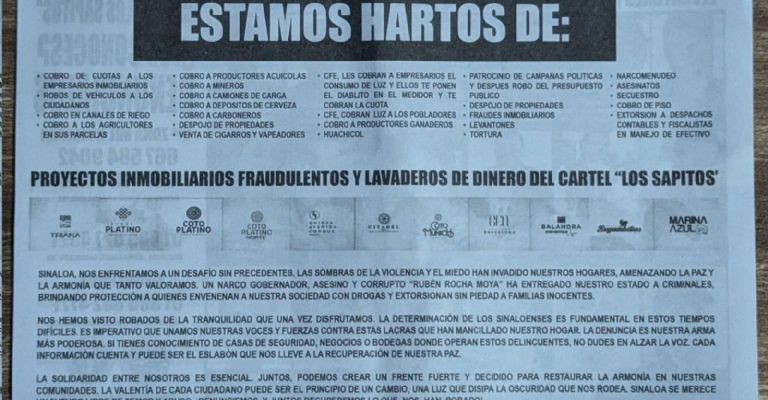 Lanzan folletos con “narcomensajes” en Culiacán