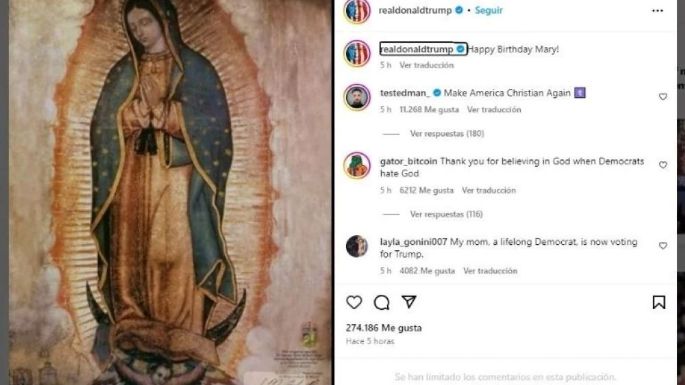 Donald Trump publicó una imagen de la Virgen de Guadalupe en su cuenta de Instagram