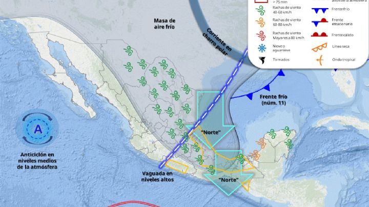 Masa de aire frío y frente 11 cubrirán el país; lluvias fuertes de lunes a jueves en estas entidades