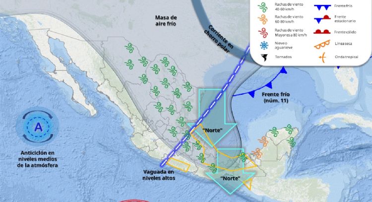 Masa de aire frío y frente 11 cubrirán el país; lluvias fuertes de lunes a jueves en estas entidades