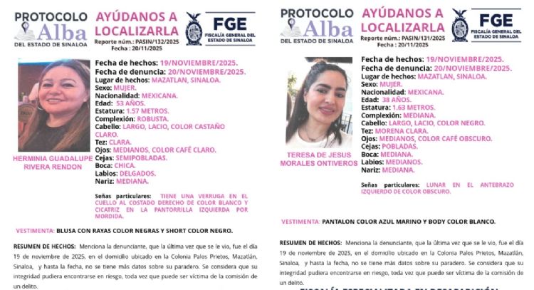 Hombres armados interceptan y raptan a Teresa y Herminia en Mazatlán; lanzan Protocolo Alba