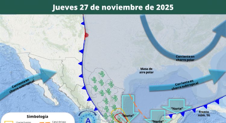 Masa de aire polar del frente frío 16 cubrirá la mitad del país el jueves; lluvias se intensificarán