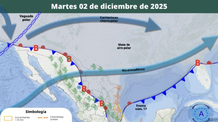 Avanza la masa de aire polar del frente frío 17; lluvias fuertes el martes en los siguientes estados