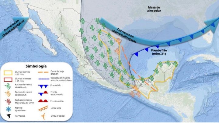 Llega ahora la masa de aire polar del frente frío 21; así lloverá entre viernes y lunes