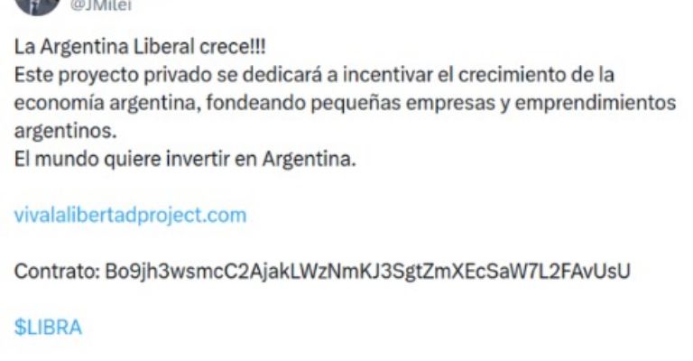 Publicación de Javier Milei sobre criptomoneda Libra