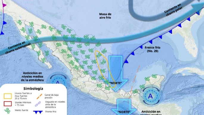 Frente frío 29 llega este jueves con su masa de aire gélido; lluvias muy fuertes en estas entidades