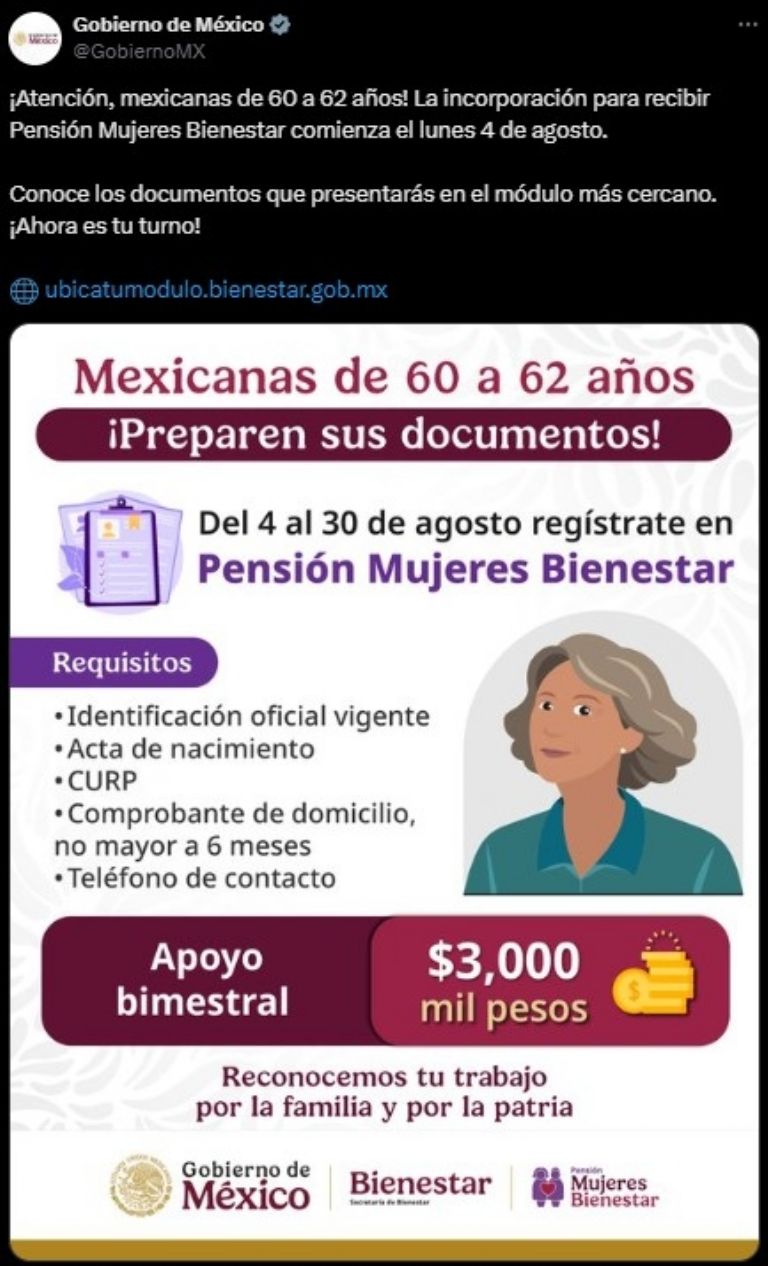 Pensión Mujeres Bienestar 60-62 años: fechas clave y requisitos oficiales