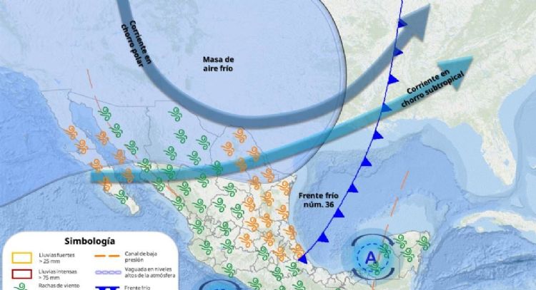 Frente frío 36 provocará lluvias y vientos fuertes este miércoles en los siguientes estados