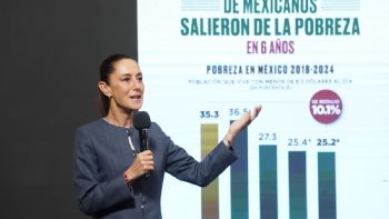 Sheinbaum presume cotización del peso y que 11 millones de mexicanos salieron de la pobreza con AMLO