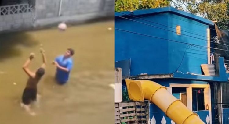 Tobogán y voleibol en calles inundadas de Tampico se vuelven virales (VIDEOS)