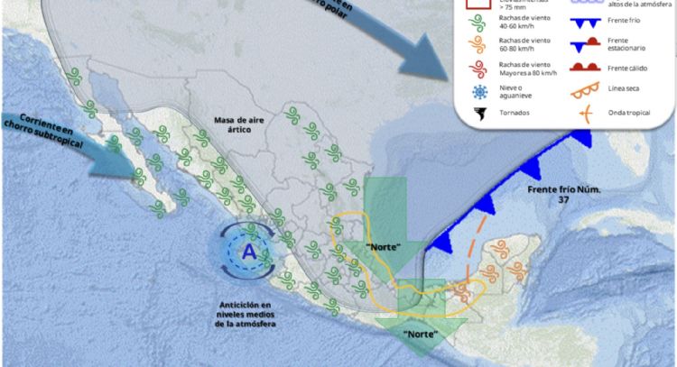 Frente frío 37 azotará con nuevas lluvias fuertes de viernes a lunes en estas entidades