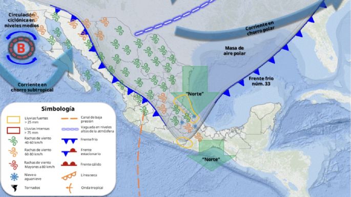 Frente frío 33 azotará el miércoles con lluvias, granizo, nieve, vientos y oleaje a estas entidades