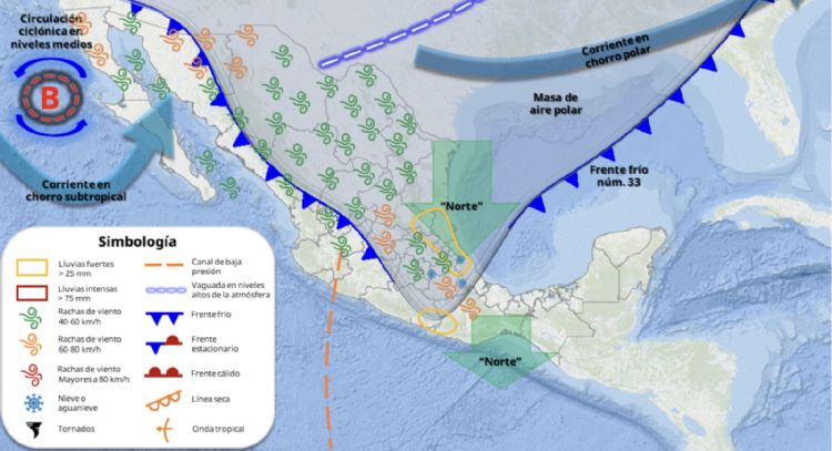 Frente frío 33 azotará el miércoles con lluvias, granizo, nieve, vientos y oleaje a estas entidades