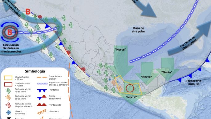 Cubre al país la masa de aire polar del frente frío 33; seguirán las lluvias fuertes el jueves
