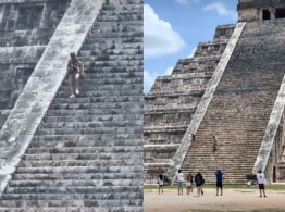 Turistas suben a la pirámide de Chichén Itzá y burlan seguridad del INAH (VIDEO)